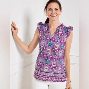 Talbots 100% cotton ruffle trim blouse in pattern "Floret Medallion"